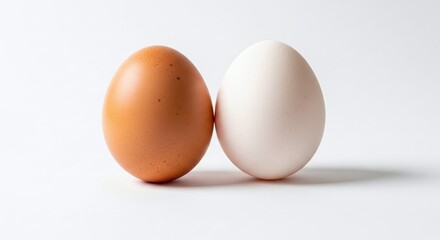 Two eggs, one brown and one white, stand side by side isolated on white background, showcasing their natural colors and textures, perfect for illustrating breakfast, cooking, or healthy eating concept