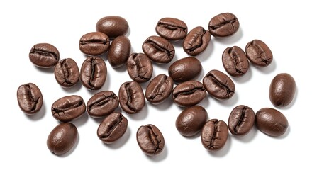 A scattered arrangement of freshly roasted coffee beans, showcasing their rich brown color and textured surface, isolated on white background the beans are evenly spaced, highlighting their individual