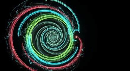 Vibrant abstract spiral vortex with neon energy trails on black background