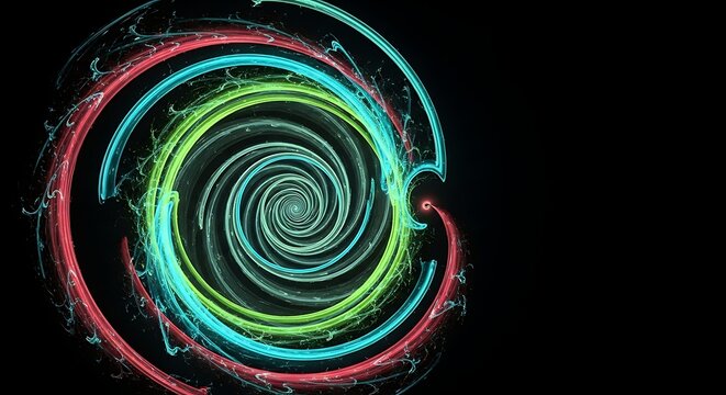 Vibrant abstract spiral vortex with neon energy trails on black background - Powered by Adobe