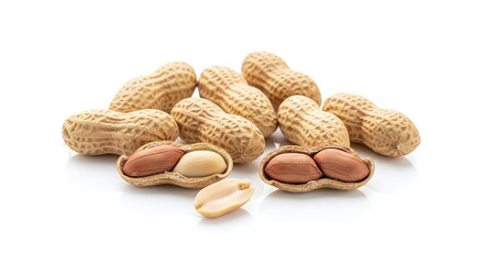 Pile of peanuts isolated on white background closeup shot of several whole peanuts and two opened peanuts with visible kernels, showcasing their texture and natural color, set against a clean white