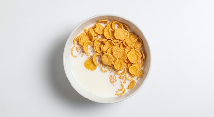Top view of a bowl of cornflakes cereal with milk isolated on white background, perfect for a quick and easy breakfast, showcasing the golden color and crispy texture of the flakes, offering