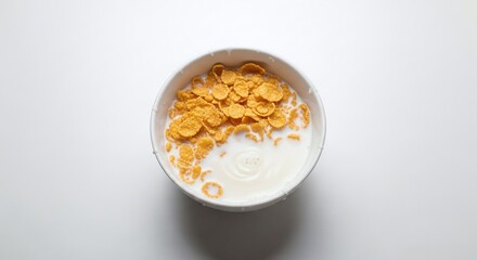 Overhead shot of a white bowl filled with golden cornflakes and creamy milk, creating a simple yet inviting breakfast scene isolated on white background the flakes are crisp and the milk is fresh