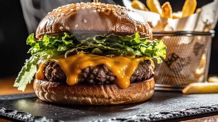 Delicious cheeseburger with melted cheddar cheese and fresh lettuce on a sesame seed bun, served with crispy golden french fries in a metal basket on a dark slate board animated 4k video