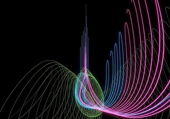Dynamic glowing curved lines radiate vibrant energy on black backdrop