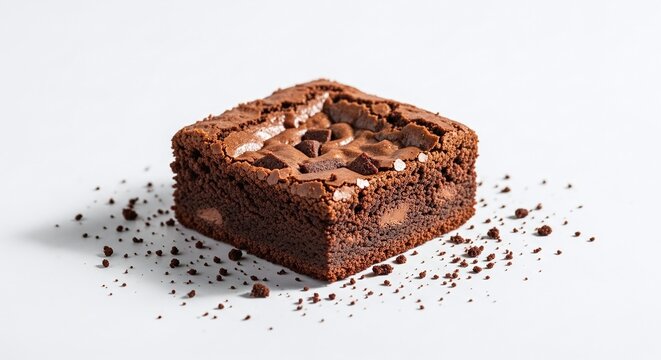 A delectable chocolate brownie isolated on white background, showcasing its rich, fudgy texture and tempting chocolate chips, perfect for satisfying sweet cravings and indulging in a delightful treat
