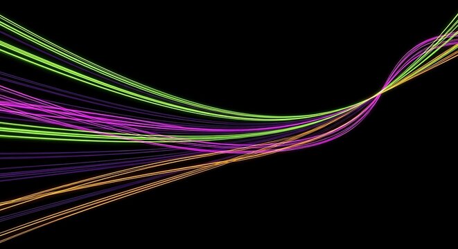 Vibrant neon light trails flowing dynamically on black background