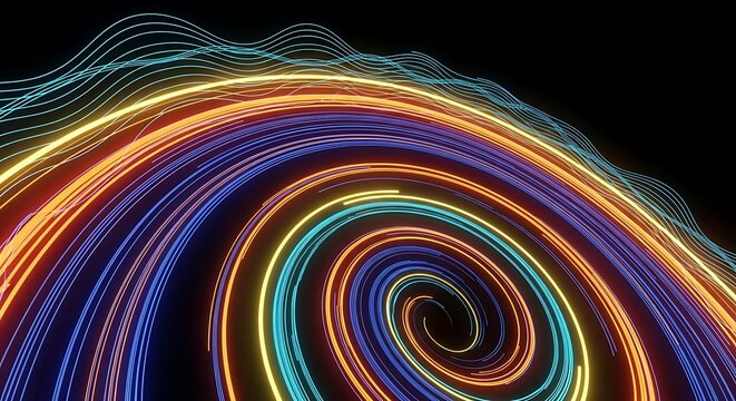 Vibrant swirling neon lights create dynamic abstract energy vortex background - Powered by Adobe