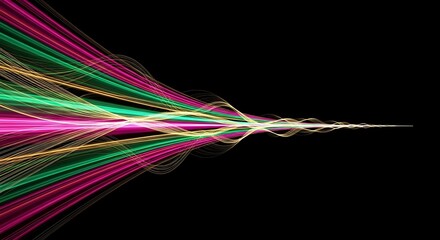 Vibrant neon light trails stream across dark background, dynamic energy flow