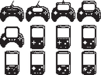 Naklejka premium Joystick videogame controller icon highliht top right black-white vector pixel art icon 