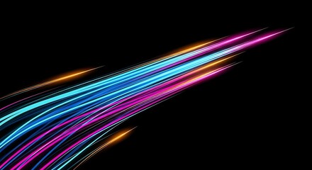 Vibrant neon streaks race across dark background with dynamic energy