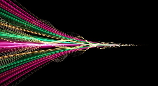 Vibrant neon light trails stream across dark background, dynamic energy flow