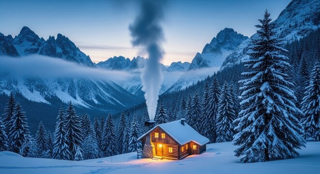 Cozy log cabin in snowy mountain valley at dusk winter - Powered by Adobe