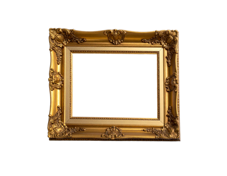 Golden classic picture frame isolated on a transparent background.