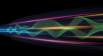 Dynamic sound waves flow with vibrant neon light trails