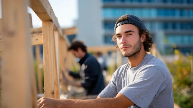 Focused young male carpenter assembles a wooden frame structure outside, with another worker blurred in the background. The scene conveys teamwork, craftsmanship, and urban development