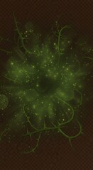 Mystical green thorns with glowing particles create magical forest atmosphere