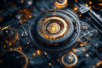 Advanced artificial intelligence processor with glowing golden gears and intricate digital components, a detailed macro view.