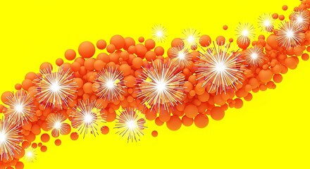 Vibrant abstract explosion of orange spheres and white starbursts on yellow