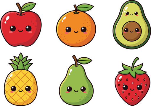 Adorable kawaii fruit character vector set featuring cute smiling apple, orange, avocado, pineapple, pear, and strawberry illustrations for children&rsquo;s designs.