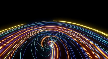 Dynamic light trails swirl into a vibrant vortex against black background