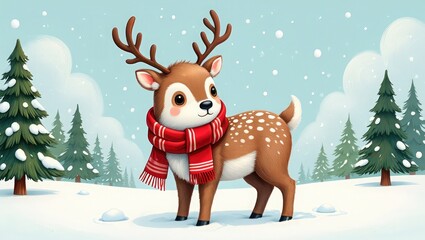 Cute cartoon reindeer wearing red scarf in snowy forest