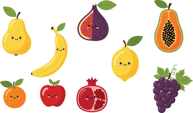 Adorable kawaii fruit character vector set featuring pear, banana, fig, papaya, lemon, orange, apple, pomegranate, and grapes in cute cartoon style.