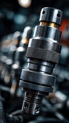 Macro shot of a high-precision machined metal component with various textures and finishes for industrial use.