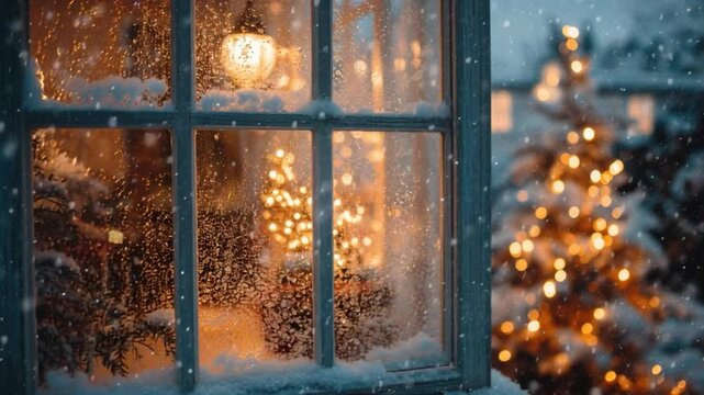 A frosted window glows with warm golden Christmas lights as snow falls outside