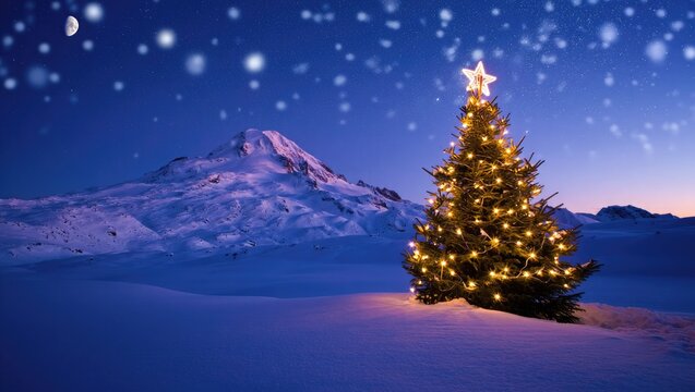Decorated Christmas tree in snowy mountain landscape at dusk