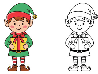 Cute cartoon Christmas elf standing with a yellow gift box, vector illustration with colored version and black and white outline for coloring book page