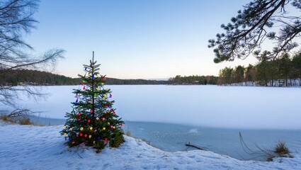 Decorated Christmas tree on snowy lakeshore with frozen water