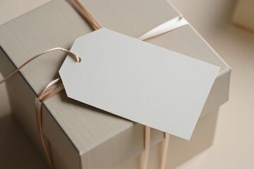 Gift box neutral wrapping blank tag elegant gift presentation for occasions.