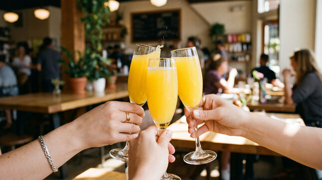 Friends Clinking Mimosa Glasses During Brunch Celebration
