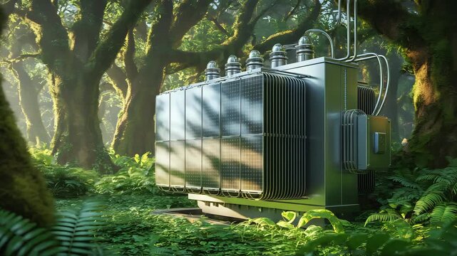 Cinematic Video of Eco-Friendly Electrical Transformer with Solar Panels in Lush Green Forest