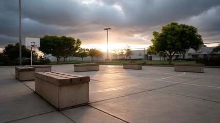 Atmospheric sunset over an empty outdoor basketball court with concrete benches and dramatic clouds
