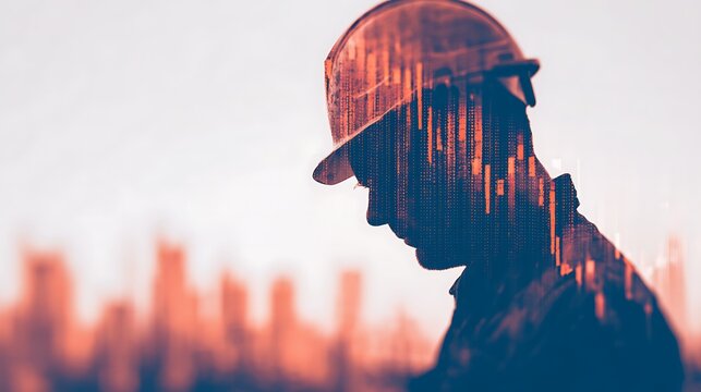 A silhouette of a construction worker wearing a hard hat, set against a blurred city skyline with an abstract overlay representing data or analytics.