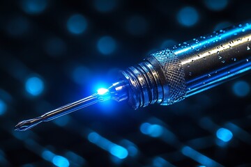 Precision instrument with glowing blue tip and water droplets on metallic surface against a bokeh background