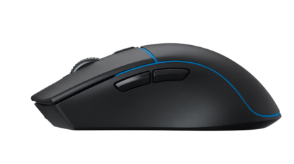 Black Wireless Mouse with Blue Accent – Transparent PNG, Sleek Office & Gaming Mouse, Isolated.