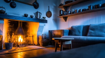 nadir. Ancient kitchen with tin utensils on shelves reflecting firelight. lifestyle magazines, social media lookbooks, designed for influencer and brand collaborations, used by radiologists.
