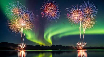 Spectacular Aurora Borealis and Fireworks Display Over Calm Water.