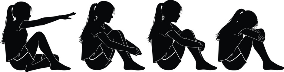 Emotional silhouette sequence, seated posture, introspective pose, body language, sadness, reflection, distress, solitude, mental state, expressive figure, mood shift