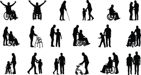 Elderly and caregiver silhouettes, intergenerational support, wheelchair assistance, family bond, compassion, aging care, emotional connection, walking aid, love, help