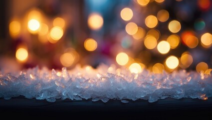 Frosted ice crystals with warm bokeh lights background
