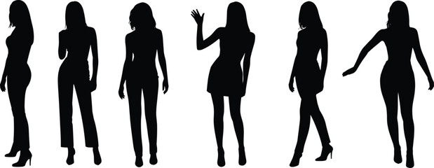 Fashionable woman silhouettes, standing pose, stylish outfit, body posture, elegance, high heels, gesture, modern look, beauty, feminine stance