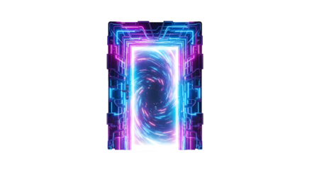 Futuristic neon glowing portal with swirling vortex, abstract digital gateway isolated on white isolated on transparent background