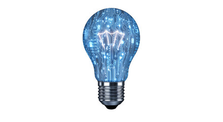 Digital light bulb glowing with blue circuit patterns, symbolizing innovation, isolated on transparent background