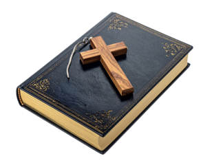 Book, bible with wooden cross isolated on a transparent background.