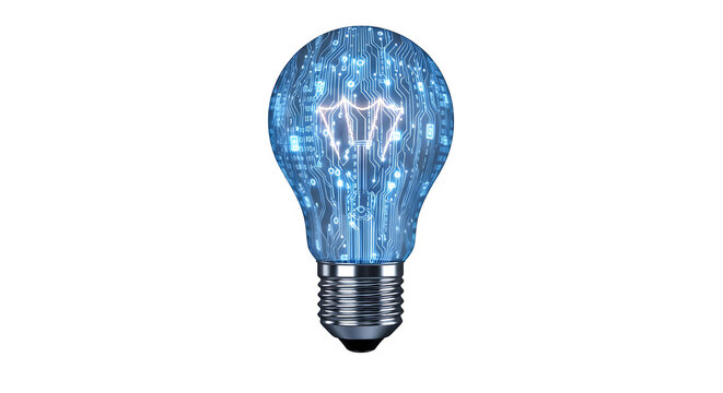 Digital light bulb glowing with blue circuit patterns, symbolizing innovation, isolated on transparent background