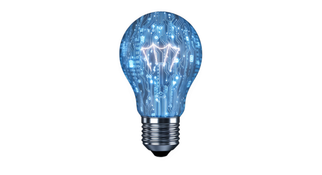 Digital light bulb glowing with blue circuit patterns, symbolizing innovation, isolated on transparent background - Powered by Adobe